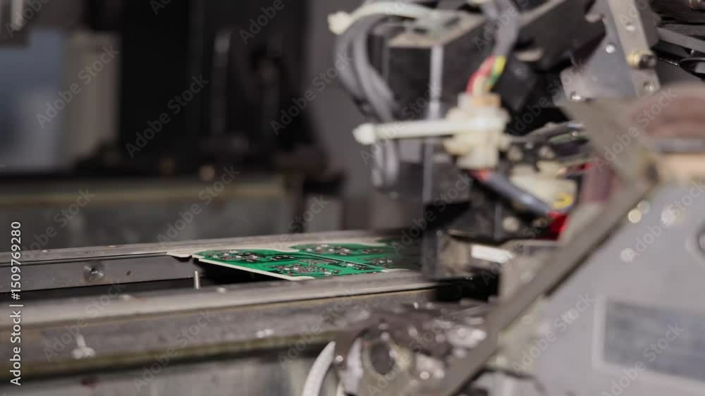 Aufkleber workshop well-lit factory environment automation electronics industry robotic arm assembling electro