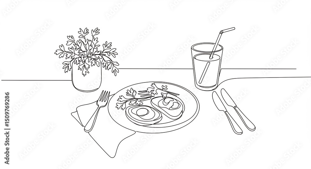 Poster breakfast continuous line art with eggs and juice