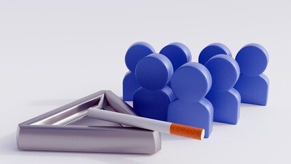 A 3d rendering of a cigarette and numerous human-like figures or shapes, suggesting that people are affected by or immersed in a smoking environment.