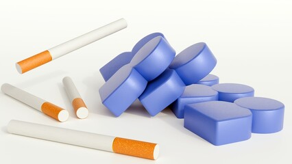 A 3d rendering of a cigarette and numerous human-like figures or shapes, suggesting that people are affected by or immersed in a smoking environment.