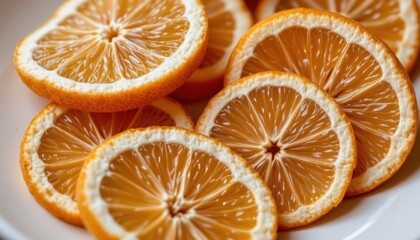 Close-up of fresh juicy orange slices arranged on a white plate showcasing bright vibrant color and detailed texture perfect for healthy food themes