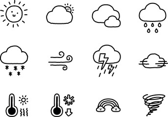A minimalist hand-drawn black and white weather icon set. Perfect for clean designs, print, or monochrome user interfaces.
