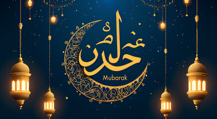 Festive Greeting: A stylized image evoking a sense of celebration during a special occasion with an artistic crescent moon design, ornate lanterns.