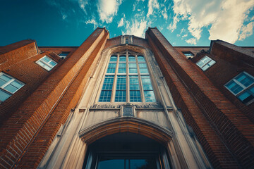 Dramatic low angle of a towering school entrance