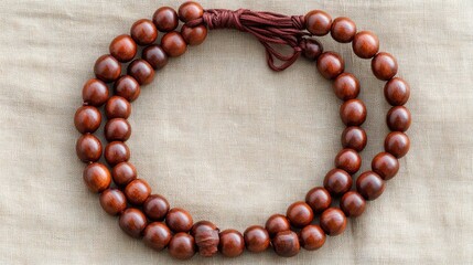 Two circular rows of wooden prayer beads on a cloth surface.