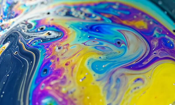 Iridescent, flowing soap film with swirls and rainbow hues