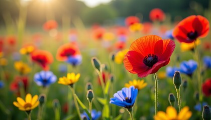 Naklejka premium A Vibrant Field of Red Poppies and Blue and Yellow Wildflowers Bathed in Warm Golden Sunlight During a Serene Sunset