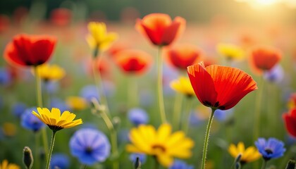 Obraz premium A Vibrant Field of Red Poppies and Blue and Yellow Wildflowers Bathed in Warm Golden Sunlight During a Serene Sunset