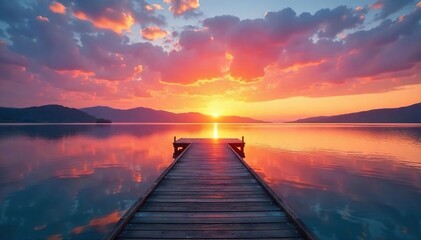 Obraz premium Serene sunrise paints the sky with vibrant colors over a tranquil dock extending into calm water The scene is peaceful and idyllic, perfect for relaxation and contemplation , boat dock, waterfront