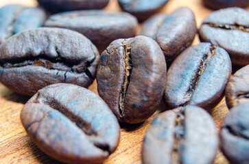 Side view of roasted coffee beans with customizable space for text
