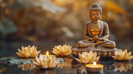 Buddha statue surrounded by lotus flowers and candles creating a serene and peaceful atmosphere