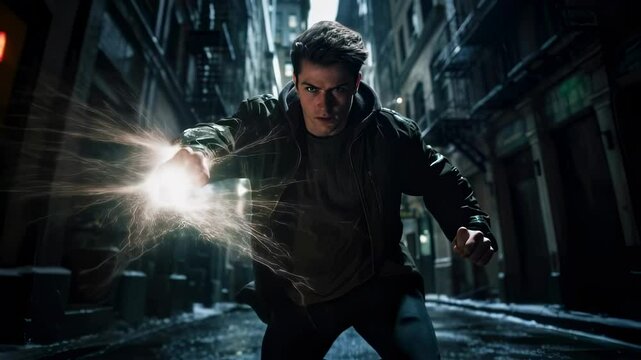 Cinematic scene with character with superpowers fighting on the street with lightning