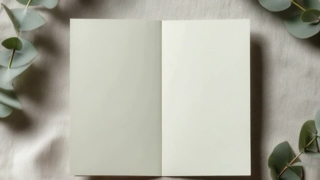 Open Notebook with Eucalyptus: An open blank notebook or journal is showcased, delicately framed by fresh eucalyptus branches, inviting creativity and reflection.