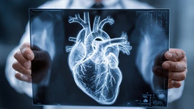 Medical Revelation: A close-up shot reveals a doctor holding a detailed X-ray image of a human heart, highlighting the intricacies of the cardiovascular system in a clinical setting.
