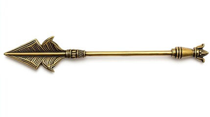 Close up of a decorative gold arrow with intricate details on a white background in horizontal view