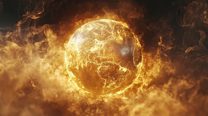 A fiery earth globe surrounded by swirling flames and smoke in a dramatic and intense display of heat