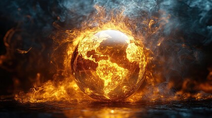 A fiery earth globe surrounded by flames and smoke against a dark and dramatic background