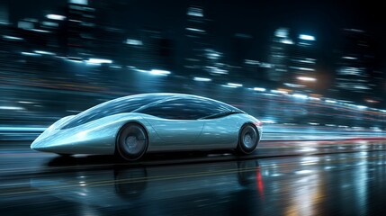 Obraz premium Futuristic streamlined vehicle in motion with city lights bokeh at night, showcasing fast urban transport, modern design, innovation, technology, and futuristic mobility concept.
