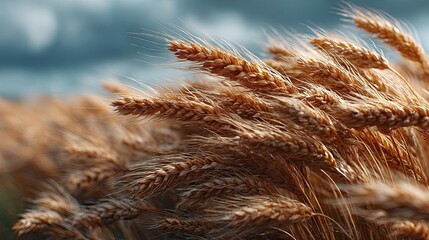 Close up of a wheat field with a cloudy sky in the background during a sunny day in the countryside