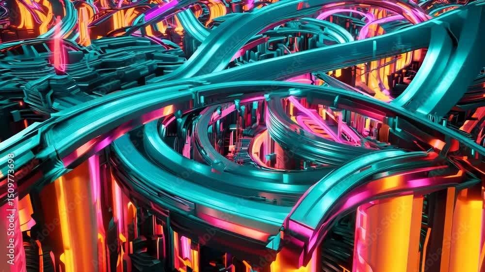 Poster Computer technology abstraction with connected hardware or data servers in neon lights of wires