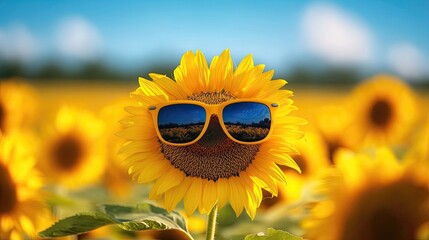 A sunflower wearing sunglasses in a field of sunflowers under a bright blue summer sky