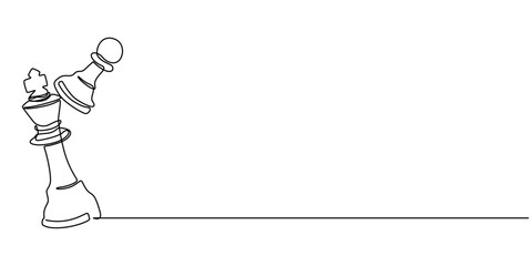 Queen and King of chess in continuous one line drawing. Single line art illustration of one chess checkmate concept. Editable vector, Hand drawn pawn and queen chess piece vector. One line continuous