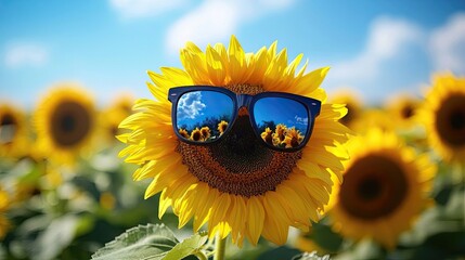 A close up of a sunflower wearing sunglasses in a field under a bright blue sky with clouds