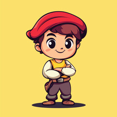 Cheerful Cartoon Character with Red Hat and Crossed Arms Smiling