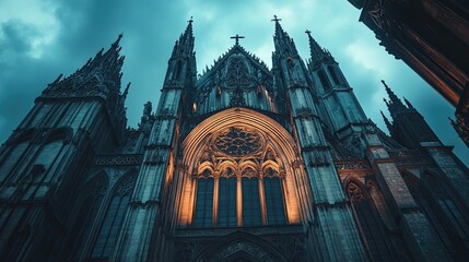 Worm's eye view of a grand gothic cathedral with illuminated windows under a dramatic sky at dusk