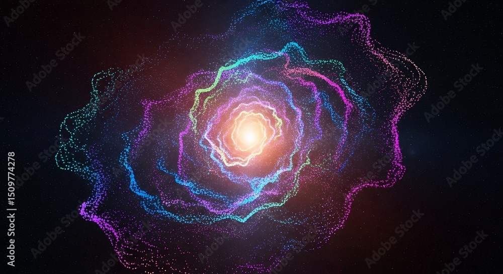 Poster abstract glowing particle wave in outer space, forming a colorful cosmic nebula or wormhole. concept
