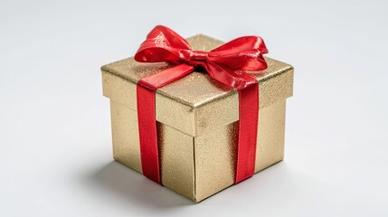 Obraz premium Luxurious gold gift box with red ribbon bow centered on clean white background under studio lighting