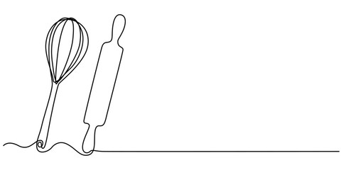 Continuous Line Drawing of Cooking Icon. Hand Drawn Symbol Vector Illustration, Whisk and rolling pin kitchen utensils vector one line continuous drawing illustration. Hand drawn linear cooking icon.