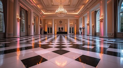 A ballroom with checkered floor, columns, chandelier and elegant decor for a special event space
