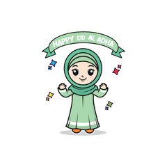 Happy Eid Al Adha with Muslim Girl Cartoon