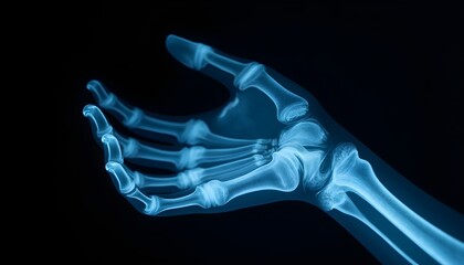 A blue x-ray image of a human hand reaching towards the viewer