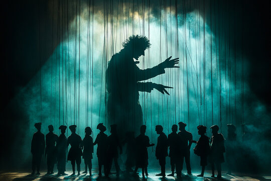 Silhouette of a sinister puppeteer controlling marionettes