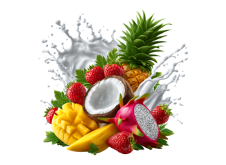 Fruit and milk splashes composition with tropical fruits like coconut, pineapple, mango, dragon fruit, and strawberry, isolated on a transparent background