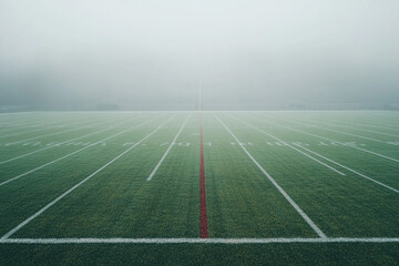 Empty football field in morning fog