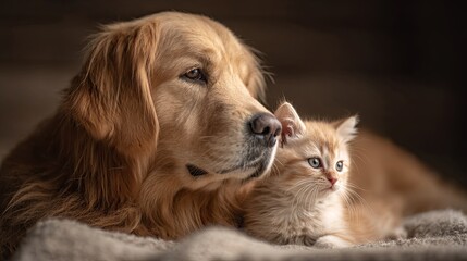 Golden retriever and kitten sitting peacefully together in cozy warm home interior with soft natural light, symbolizing friendship, calm, love, and harmony between pets.