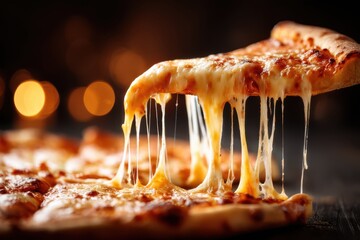 A close-up shot of a pizza slice with melting cheese, showcasing gooey and stretchy melted cheese on top of the slice.