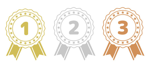 シンプルなメダルアイコン 線画 リボン付き 金銀銅　(ベクター素材)