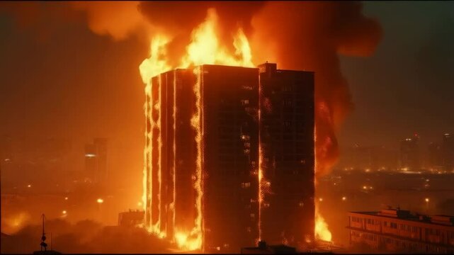 Building engulfed in flames during massive urban fire late at night