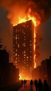 Building engulfed in flames during massive urban fire late at night