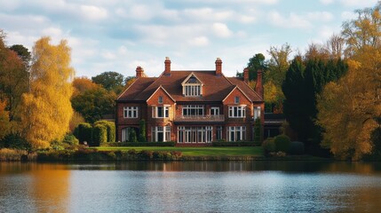Obraz premium Luxury Lake House. Expensive Brick Dwelling in Country Setting