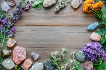 Magic Flat Lay. Healing Herbs and Gemstones on Organic Wooden Background