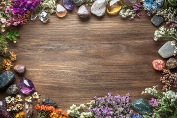 Magic Flat Lay. Organic Healing Herbs and Gemstones Composition on Wooden Table
