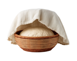 Dough rising in basket covered with white cloth