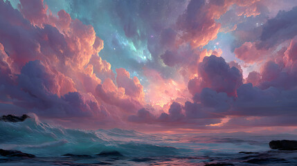 Vibrant sunset clouds over a calm ocean scene.