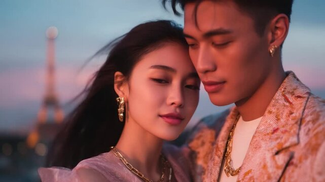 Eternal Embrace in Paris: A tender moment unfolds as a couple finds solace amidst the romantic charm of the city of love, the iconic landmark subtly visible in the background.