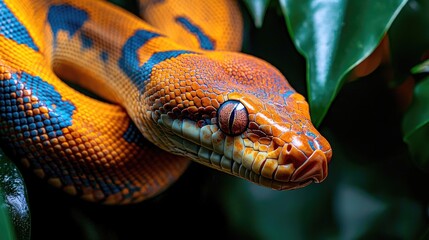 Fototapeta premium Close-up view of a vibrant orange and blue snake.